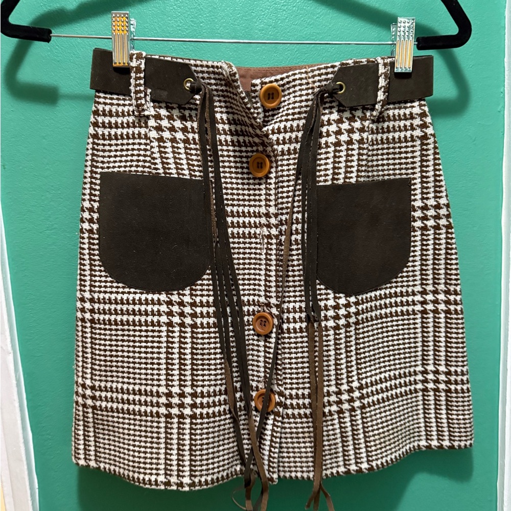 Vintage Brown Houndstooth Skirt with Pockets 1960s